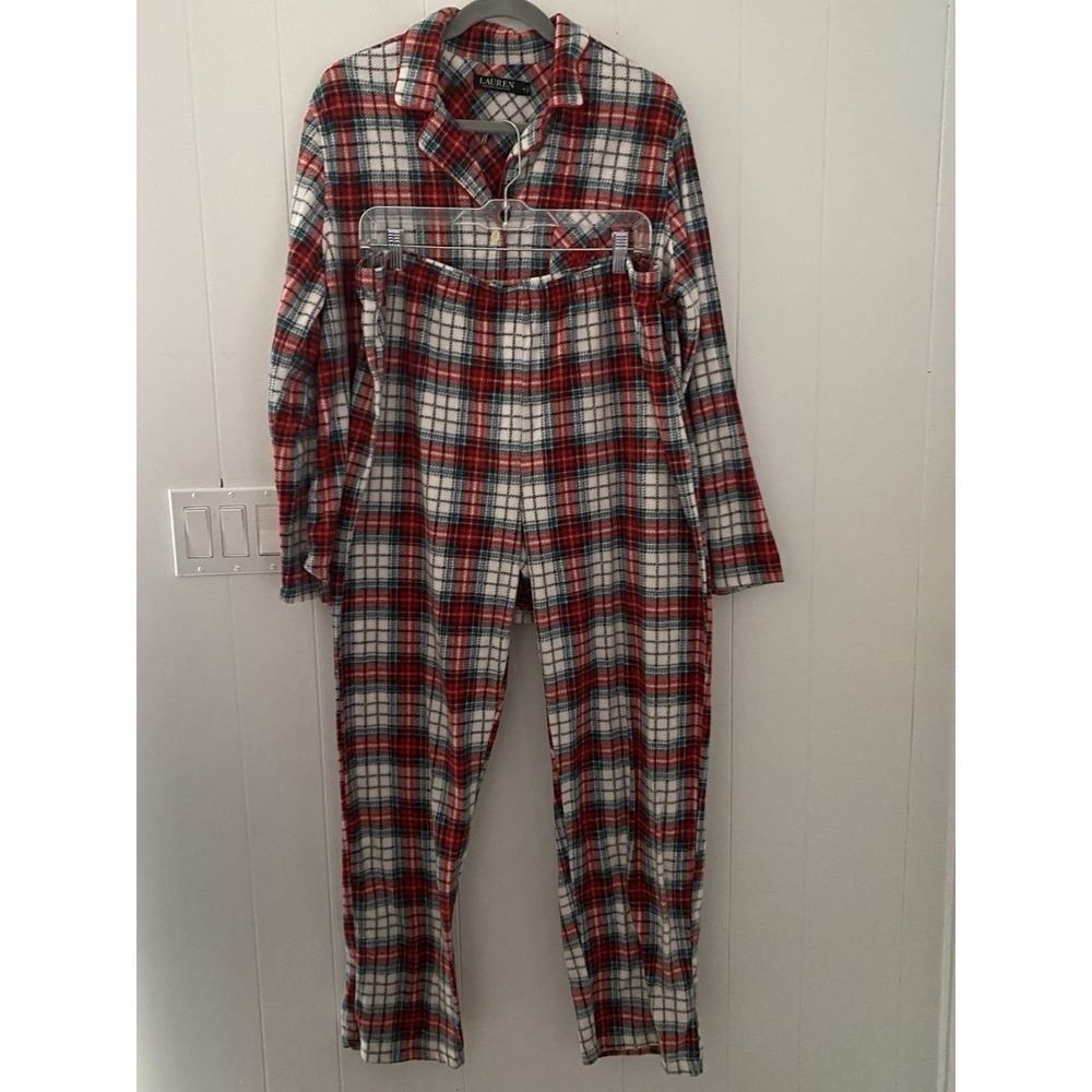 Lauren Ralph Lauren Plaid Fleece Pajama Set Women's XL Red/Blue/White Cozy